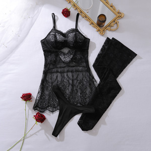 Ensemble de lingerie de luxe en dentelle 3 pièces : corset, soutien-gorge, culotte et porte-jarretelles en maille transparente |   Prix de gros - Product Image 6