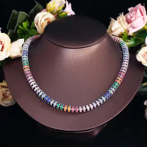 Super Luxury Chunky Multi Colors Cubic Zircon Stones Round Tennis Chain Iced Out CZ Necklace for Women Silver Plated Jewelry