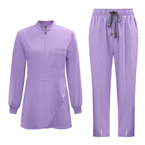 Conjunto de uniforme médico de manga larga para mujer de Oriente Medio 2026, con cuello alto, media cremallera, parte superior que cubre las nalgas, de tela tejida transpirable - Product Image 4