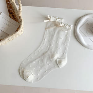 Summer New Leopard Bow Crystal Anti-Bacterial Stockings for Women Japanese JK Ballet Style Ruffled Edge Mid-Calf Socks - Product Image 2