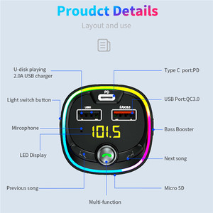 BT08D QC3.0 PD USB chargeur rapide transmetteur FM mains libres <span class=keywords><strong>voiture</strong></span> Charge Radio Audio compatible sans fil <span class=keywords><strong>voiture</strong></span> cerf-volant lumière LED MP3 - Product Image 3