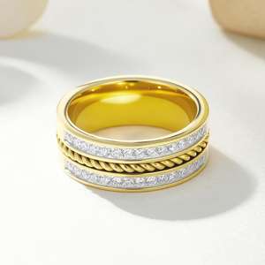 Bague en acier inoxydable avec chaîne, design élégant à rangée simple/double, sertie de diamants de laboratoire taille brillant, pour hommes et femmes - Product Image 2