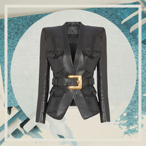 Chaqueta Corta OUDINA Talla Grande XXL, Cuello en V, con Cinturón, de Cuero PU Tejido, para Mujer, Primavera, Verano, Otoño, Invierno, Ecológica - Product Image 3