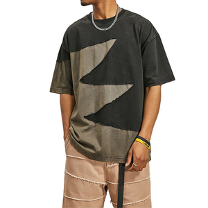 Tee Áo sơ mi tùy chỉnh thời trang dạo phố chắp vá cắt và may t Áo sơ mi quá khổ TEE Áo phông nam axit rửa màu khối Áo Thun kemeja - Product Image 1