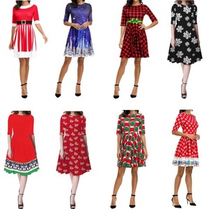 Nouvelle robe élégante pour femme à manches courtes et col rond, imprimée numériquement pour Noël 2027 - Product Image 1