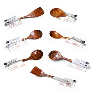 Lot de 8 ustensiles de cuisine écologiques en bois de teck avec trou, spatules et cuillères, personnalisables avec logo, vente en gros - Product Image 2