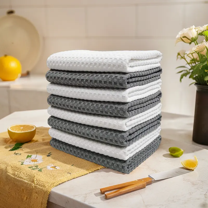 Sublimación Impresión personalizada tejido de gofres toalla de té absorbente de secado rápido reutilizable bordado juego de toallas de gofres de cocina