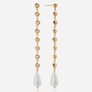 ต่างหูแบบห้อย ชุบทอง 18K ประดับเพชรซิร์คอน รูปทรงหยดน้ำ ประดับมุก พู่ห้อย เครื่องประดับสำหรับงานปาร์ตี้ แบบฝังขอบ - Product Image 1