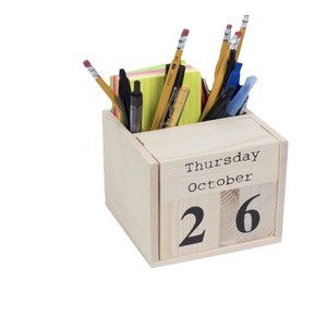 Wooden Pen Holder With Calendar Function Square Desktop Storage Box <b>Office</b> <b>Supplies</b> - Product Image 5