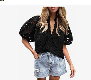 Nouveau 2025 Offre Spéciale couleur unie à manches courtes évider broderie chemise Blouse haut pour femme vêtements <span class=keywords><strong>5</strong></span> - Product Image 3