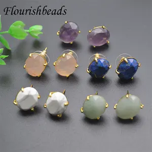 High Quality 18K Gold Plated Natural Energy Stone Lapis Rose Quartz Faceted Oval Gemstone Stud Earrings for Woman Jewelry Gift