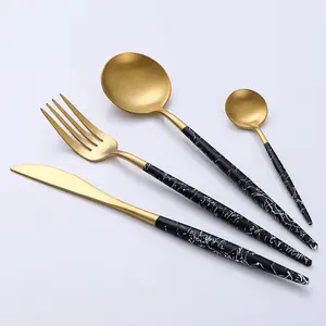 Stainless Steel Spoon And Fork Sets Besteck Couvert Cubiertos Matte Black And Gold Flatware Silverware Cutler