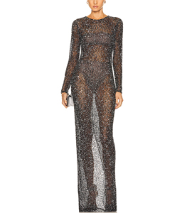 Sexy Fashion Slim Fit trasparente con cerniera posteriore Design con paillettes impreziosito <span class=keywords><strong>da</strong></span> tessuto a rete <span class=keywords><strong>da</strong></span> donna Maxi abito <span class=keywords><strong>da</strong></span> <span class=keywords><strong>sera</strong></span> a maniche lunghe - Product Image 1