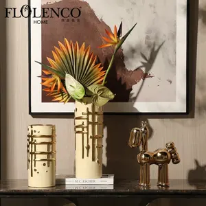 Flolenco Home Decor Golden Luxury Ceramic Flower Vase Interior Tabletop Living Room Art Crafts Decorative Ceramic Vases