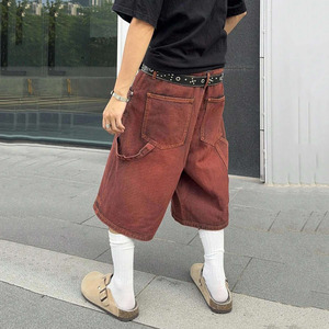 <span class=keywords><strong>Bermuda</strong></span> Baggy Homme en Denim Rouge Rétro Lavé, 100% Coton Peigné de Haute Qualité, Respirant, Brodé, Taille Haute, Braguette Zippée - Product Image 6