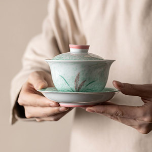 Hand Painted Reed Gaiwan <b>Teacup</b> Set Sprinkled Green Ceramic Three Piece Large Size Heat Resistant For Home Use - Product Image 1