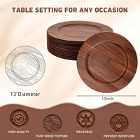 Piring alas kayu imitasi walnut 13 inci grosir, piring alas plastik PP untuk dekorasi pesta pernikahan, katering, dan acara lainnya (dalam jumlah besar)