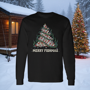 Camiseta de manga larga retro con diseño de árbol de Navidad de Merry Fishmas Fishing Christmas Tree - Product Image 3