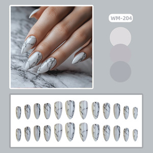 <span class=keywords><strong>Uñas</strong></span> Postizas Acrílicas Reutilizables de Lujo, Forma de Almendra, <span class=keywords><strong>con</strong></span> Vetas de Piedra Natural, Acabado Brillante en Mármol Blanco, para Ocasiones Elegantes - Product Image 2