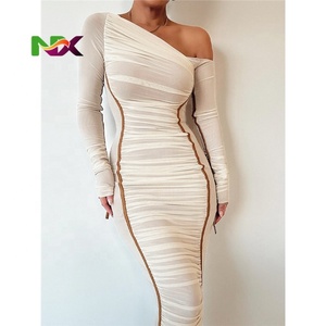 Vestido de Fiesta Ecológico Lavable, Moda de Verano, para Festival o Club, de Malla, con Cuello <span class=keywords><strong>Diagonal</strong></span>, Manga Larga, Drapeado, Sexy, para el Día - Product Image 2