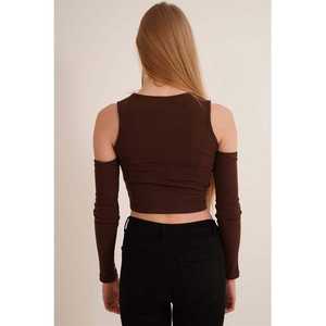 Blouse Marron Vintage à Détail d'Épaule, Col Rond, Technique Lavée, Respirante, Style Tendance pour Été Printemps Automne XL - Product Image 2