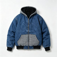 Blouson à Capuche en Jean Écologique Personnalisé pour Homme – Nouvelle Collection Automne, Fermeture Éclair, Coupe Ample, Patchwork Tweed Contrastant, Style Streetwear Boxy