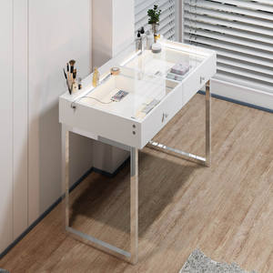 Cómoda Simple Moderna de 2 Cajones con Pierna de Hierro, Espejo de Vanidad, Silla, Panel de Estilo de Madera para Dormitorio, Hotel, Apartamento, Almacenamiento - Product Image 4