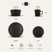 Service de vaisselle en porcelaine noire mate effet pierre, 16 pièces, jetable, compatible micro-ondes et lave-vaisselle, design moderne et robuste