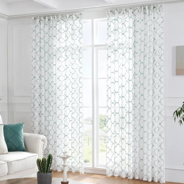 Hot selling high Light Green quality Diamond embroidery sheer fabric voile window panel curtain white voile sheer curtains