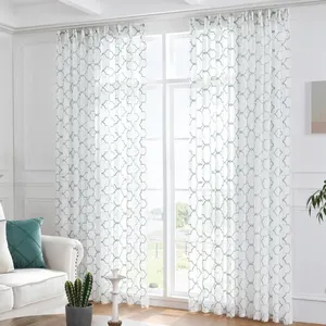 Hot Selling High Light Green Quality Diamond Embroidery Sheer Fabric Voile Window Panel Curtain White Voile Sheer Curtains