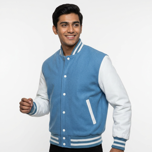 <b>Men's</b> High Street Varsity <b>Jackets</b> Solid Plain Wool Body <b>Leather</b> Sleeves Stand Collar Light CollegeBaseballjacket for <b>men</b> - Product Image 1