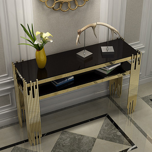 Table <span class=keywords><strong>console</strong></span> décorative de luxe pour salon, avec plateau en verre et base en acier inoxydable doré, pour couloir ou coin. - Product Image 2