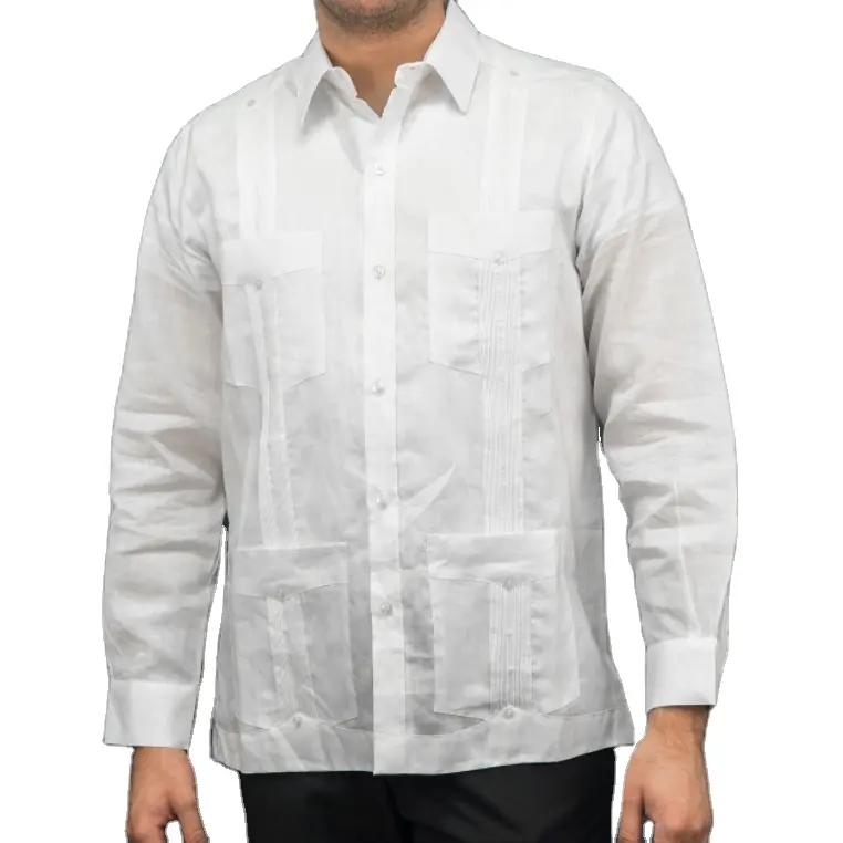 Camisa de boda cubana mexicana de algodón de lino de guayabera