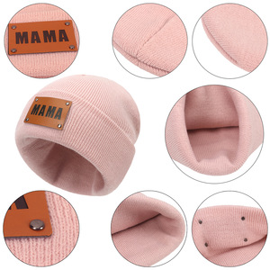 Conjunto de gorros de invierno de alta calidad para mujer y niño, gorro cálido de punto a juego con parche de cuero, 2 uds. - Product Image 6