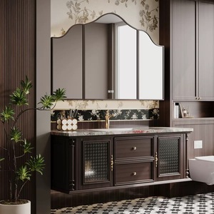 Mobile Bagno in Legno Massello Cinese, Finitura Laccata Moderna Color <span class=keywords><strong>Castagno</strong></span>, Lavabo in Ceramica a Parete, Specchio Smart per Casa - Product Image 2