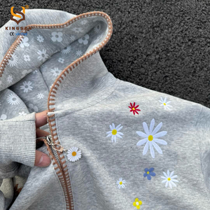 Sudadera con capucha personalizada de algodón de alta calidad con bordado floral, estilo streetwear oversize, Y2K, para hombre, color gris, con cierre de cremallera. - Product Image 3