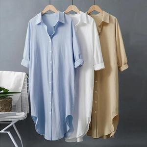 Camicetta Bianca Traspirante in Cotone-Lino con Protezione Solare da Donna, Nuovo Arrivo Primavera/Estate 2026, Top Casual Ampio Versatile, <span class=keywords><strong>Vestito</strong></span> Midi - Product Image 3