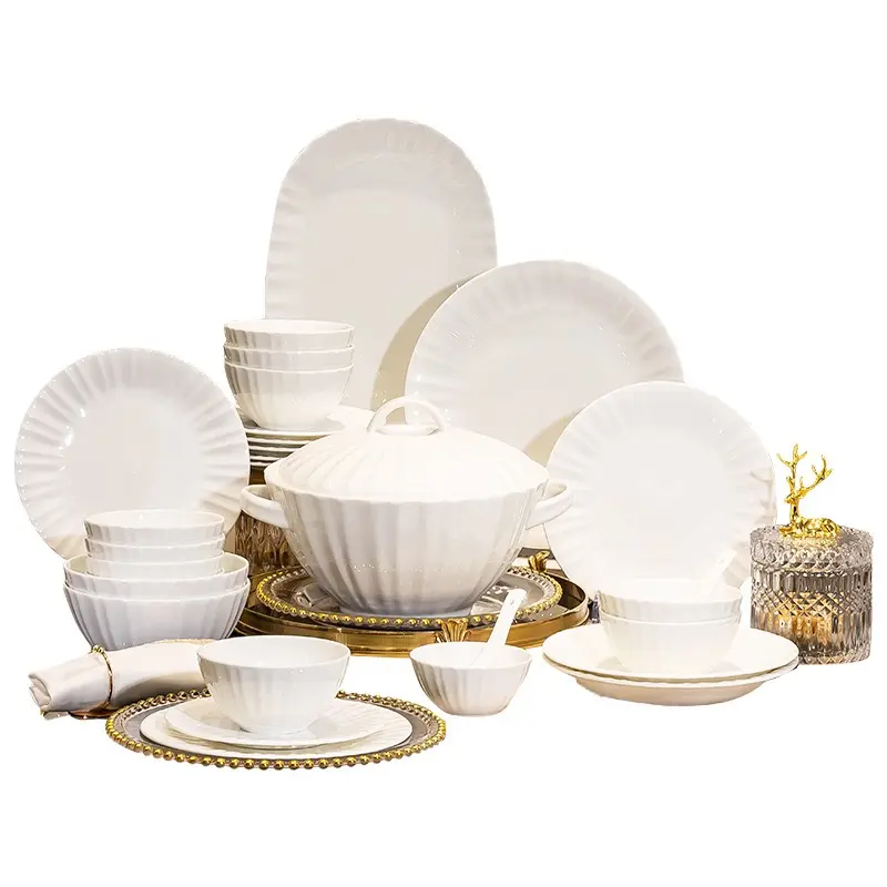 景徳鎮ボーンチャイナボウルと家庭用皿セット、純白のレリーフ付き-8人用41個のリリーフスープボウル付き