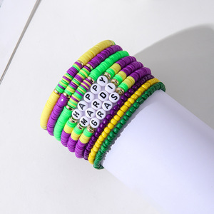 Mardi Gras Bracelet <b>Set</b> Polymer <b>Clay</b> Letter Beads Multi Layered Colorful Jewelry Gift Unisex Party Accessory - Product Image 4