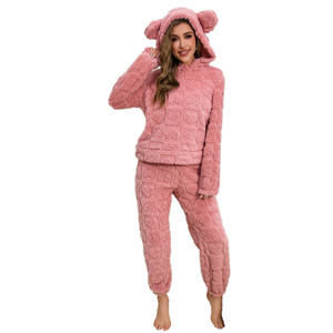 Cute Women's Pink Jacquard Casual Warm Autumn Knitted Pajama <b>Set</b> <b>Square</b> Heart Soft Shu Velvet Fleece Hooded Ears Elastic Waist - Product Image 1
