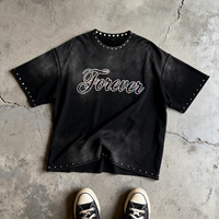 T-shirt Homme Personnalisé Effet Délavé Rétro Coupe Ample Col Rond Été Pailleté avec Strass Manches Courtes