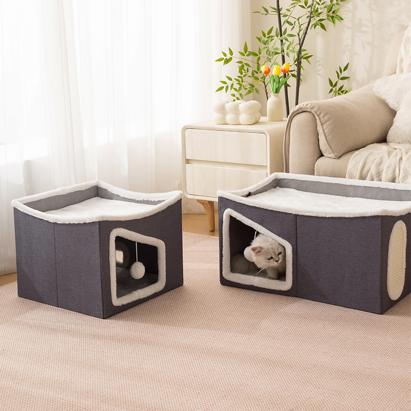 Chengjun 60x40x33cm Linen Fabric Foldable Washable Cat Bed with Scratching Post - Premium Pet H