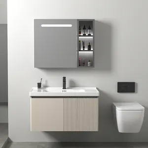 Armario de baño con espejo de aluminio, nuevo diseño con lavabo de cerámica