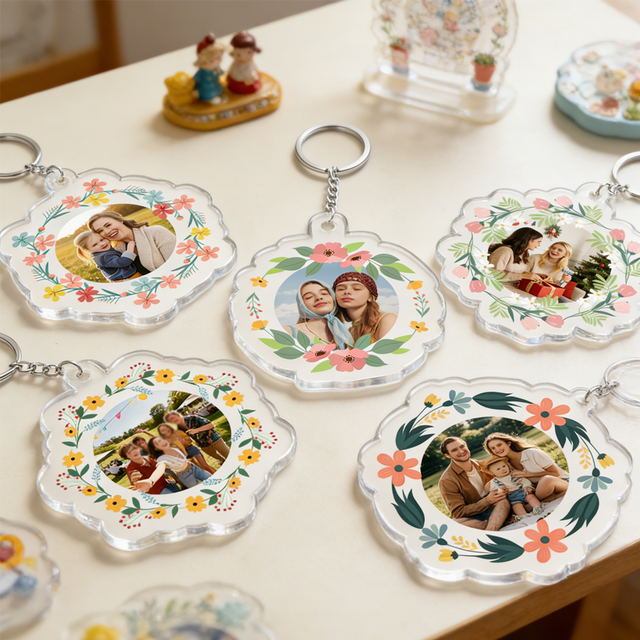 Personalized Floral Acrylic Keychain, Custom Photo, Bag Charm, Commemorative & Promotional Gift