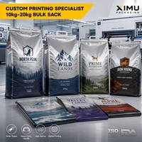 Sac alimentaire robuste pour animaux de compagnie avec doublure en aluminium, 10kg 15kg 20kg, anti-odeur industriel, tailles personnalisables, impression 10 couleurs pour stockage longue durée