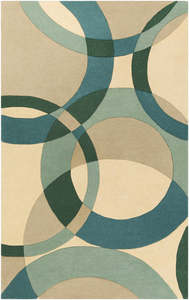 Tapis élégant en laine de Nouvelle-Zélande tufté à la main avec un motif circulaire croisé bleu sarcelle et beige pour salon, chambre et hôtels - Product Image 5