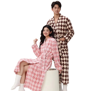 2026 Winter Coral <strong>Fleece</strong> Robe Casual Long Sleeve Flannel Grid Breathable Thicken Nightgown XL Winter Robe for Women Bathrobe - Product Image 1