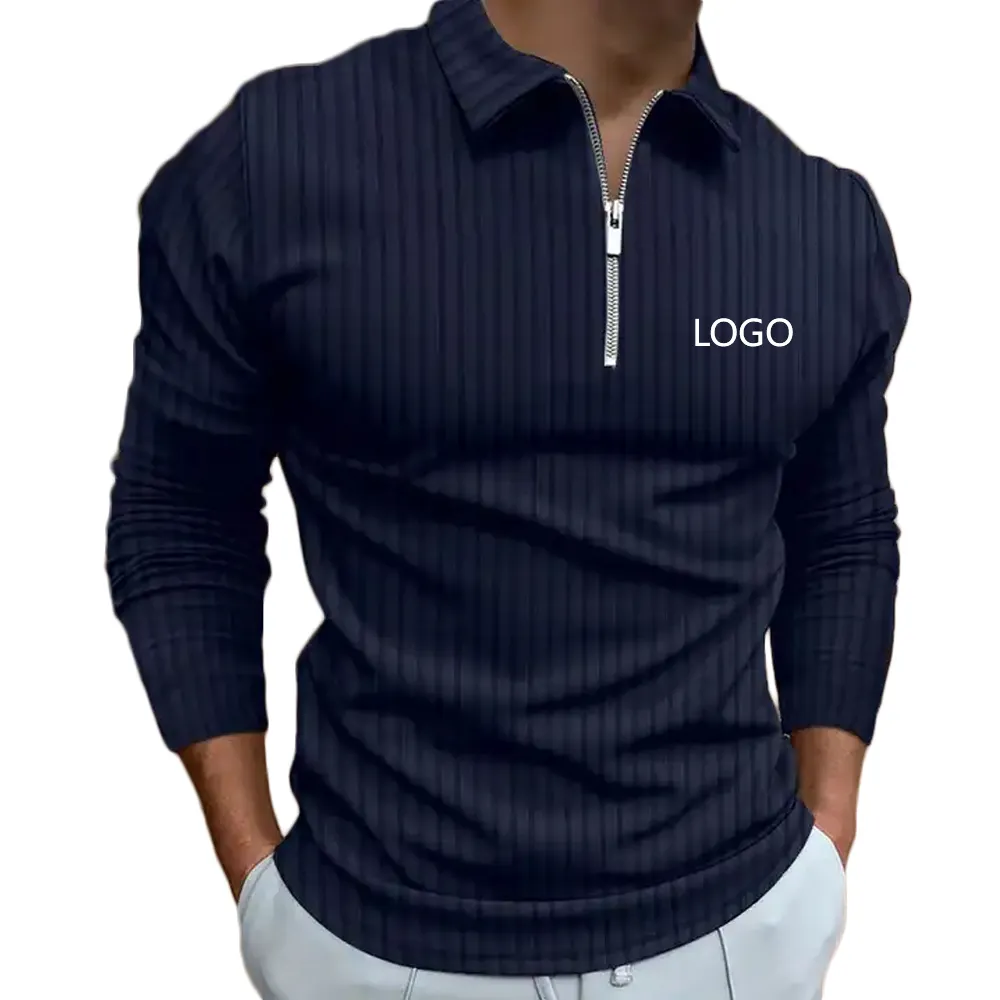 Kaus Polo pria Logo kustom, kaus Polo bergaris warna murni, pakaian atas longgar lengan panjang