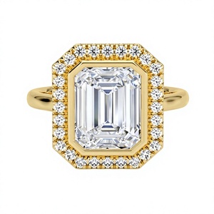 Bague de fiançailles de luxe en or plaqué 18K 14K avec diamant de laboratoire taille émeraude, sertie clos, double halo, pour femme, bijoux fins - Product Image 6