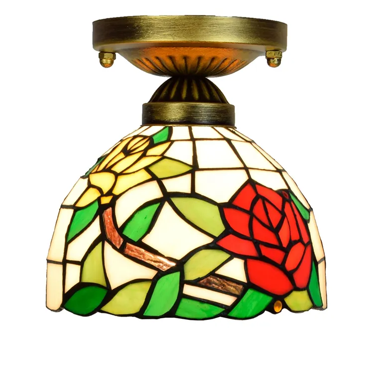 Витражное стекло в стиле Тиффани, Полуутопленный потолочный светильник в виде Розы, лампы для спальни, гостиной, бара, столовой, Потолочная люстра